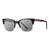 Shiny black frame, ebony & silver line arm with grey lens