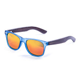 Bamboo brown arm with blue transparent frame with red revo lens