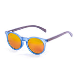Bamboo brown arm with blue trasparent frame with red revo lens